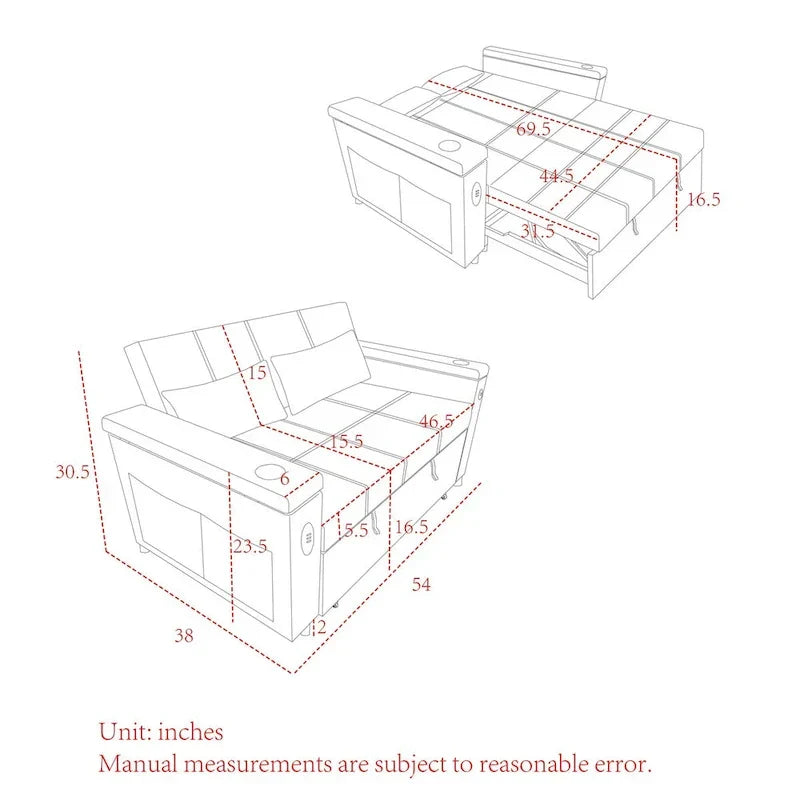 Canapé-lit gigogne 54 po, canapé-lit inclinable 2 places avec rangement, oreiller lombaire, prise USB