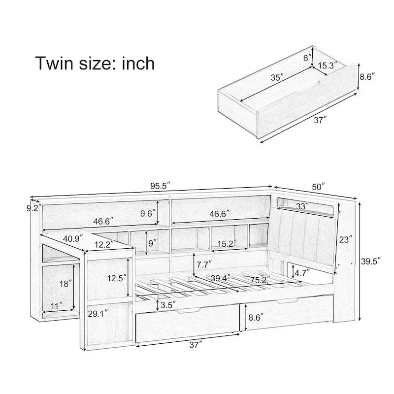 Canapé-lit d'angle en bois en forme de L avec bureau, bibliothèque, lit d'angle avec tiroirs de rangement, tête de lit rembourrée et éclairage intégré