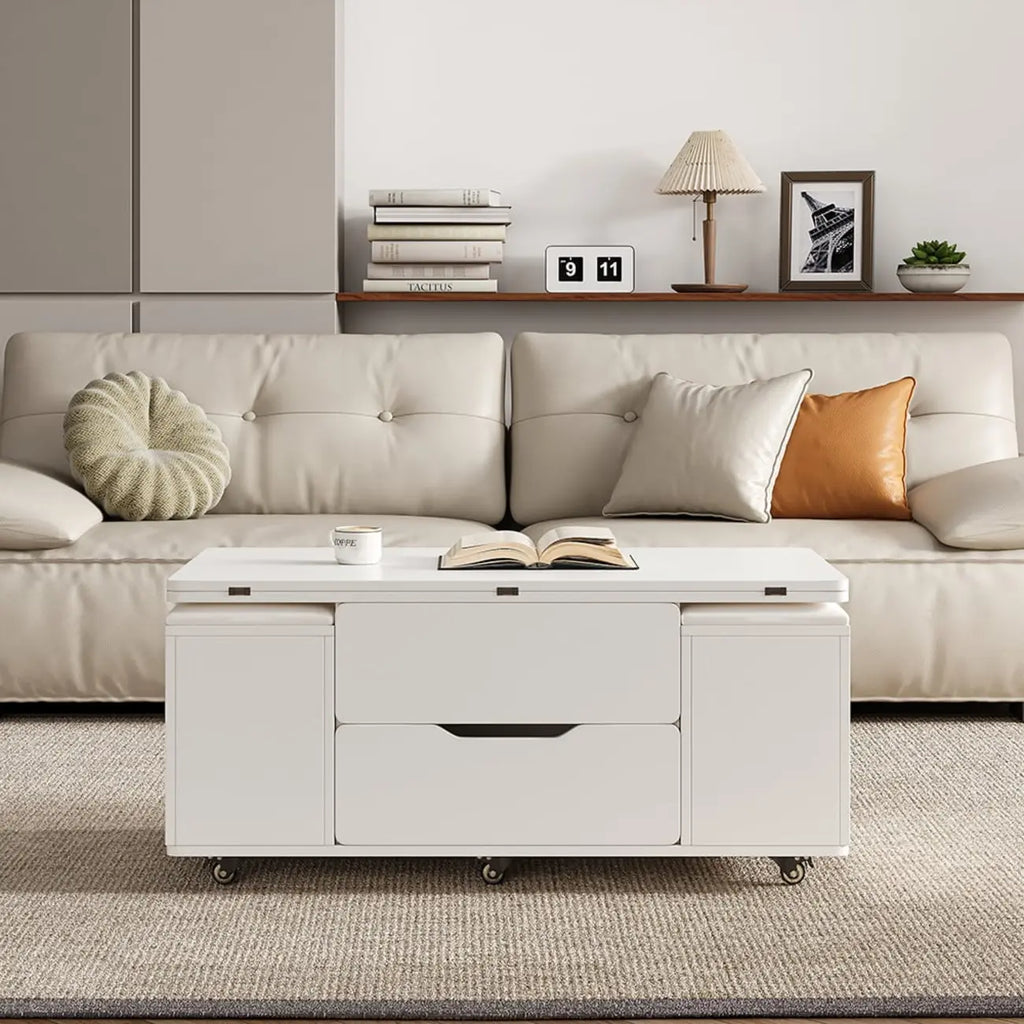 Table basse relevable pliable avec 4 tabourets et rangement