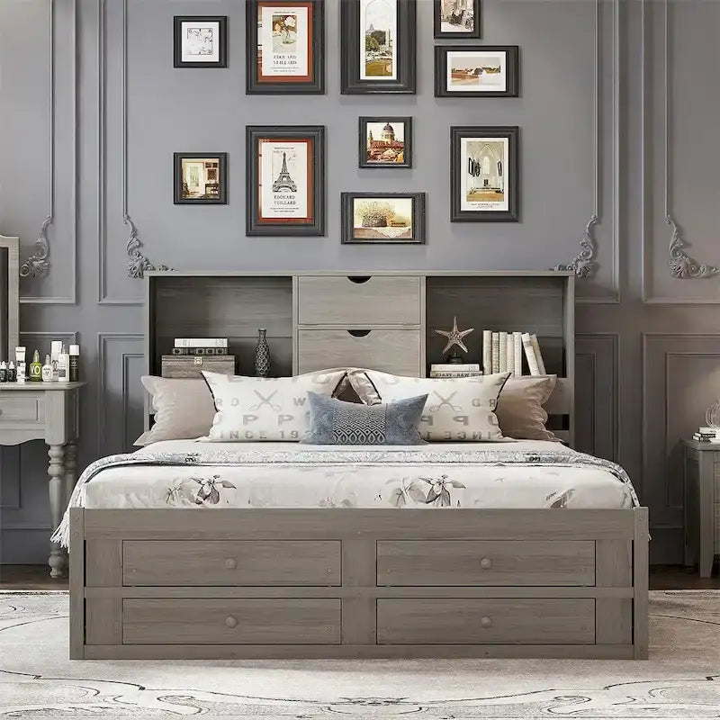 Lit plateforme King Size avec tête de lit de rangement et 8 tiroirs