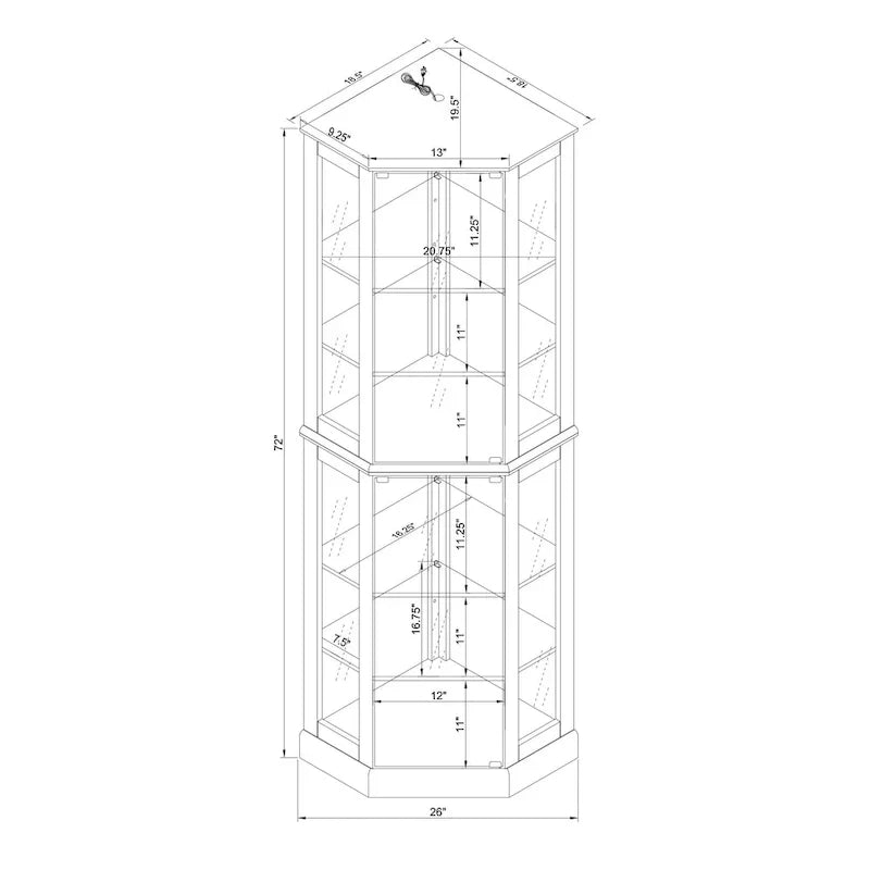 Vitrine d'angle à 6 étagères avec lumières, miroirs et étagères réglables, merisier