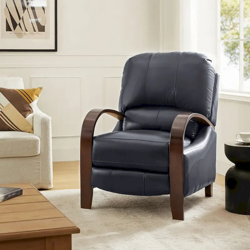 Fauteuil inclinable manuel Alex Mid-century Modern Cigar en cuir véritable avec accoudoirs incurvés en bois