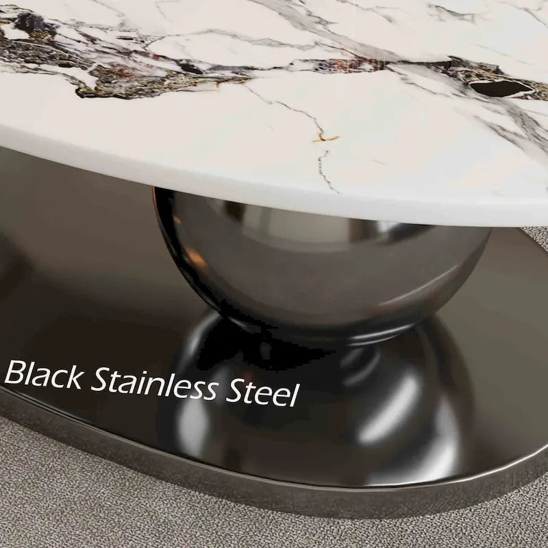 Table basse ovale moderne Pandora 51 avec plateau en pierre frittée brillante, table basse de luxe, pieds en acier inoxydable pour salon