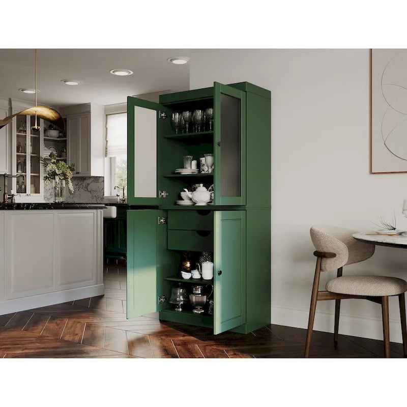 Meuble de rangement en bois massif avec portes en verre dépoli, portes pleines, 2 tiroirs et étagères réglables