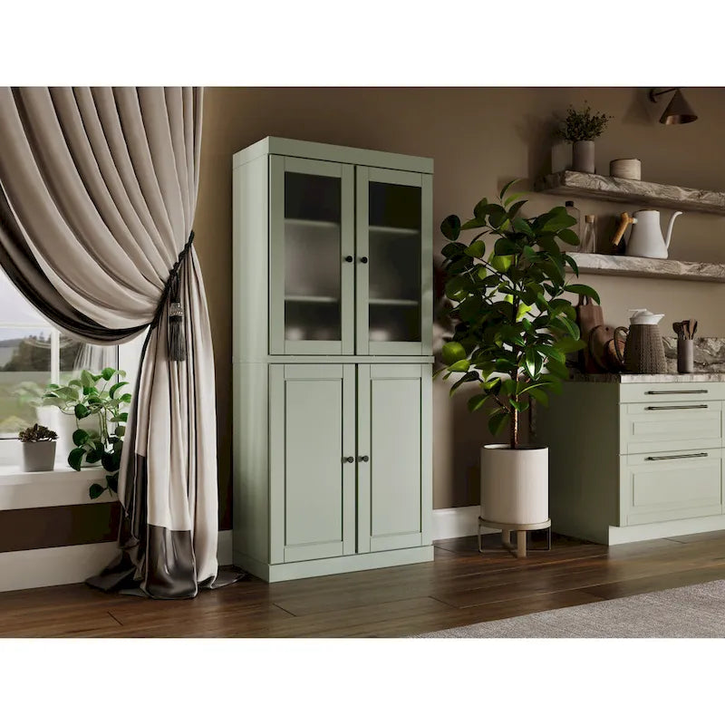Meuble de rangement en bois massif avec portes en verre dépoli, portes pleines, 2 tiroirs et étagères réglables