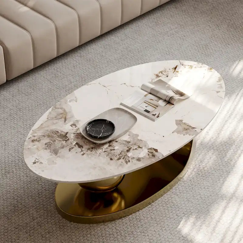 Table basse ovale moderne Pandora 51 avec plateau en pierre frittée brillante, table basse de luxe, pieds en acier inoxydable pour salon