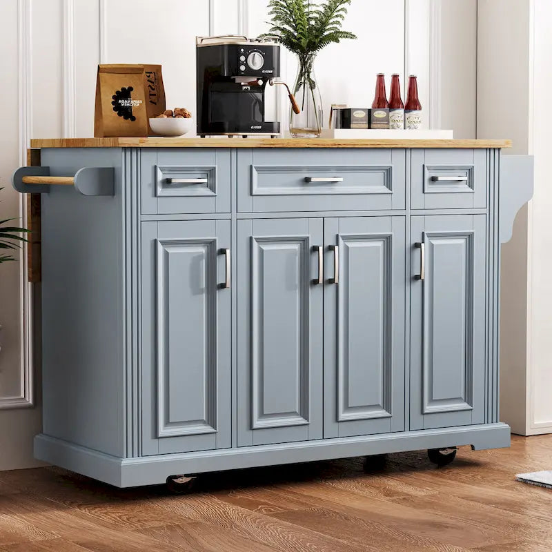 54 Grand îlot de cuisine avec plateau rabattable en bois d'hévéa, chariot de cuisine roulant à texture gaufrée sur 4 roues avec 4 portes et 3 tiroirs