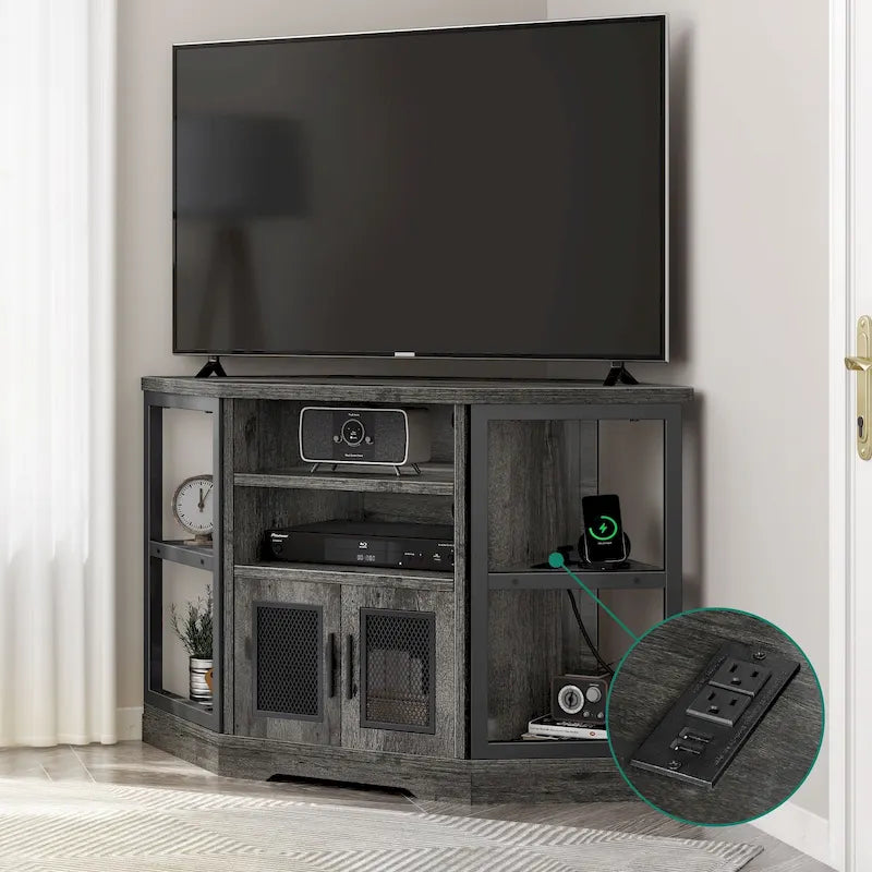 Meuble TV d'angle de ferme, meuble multimédia avec prise de courant pour téléviseurs jusqu'à 55 pouces