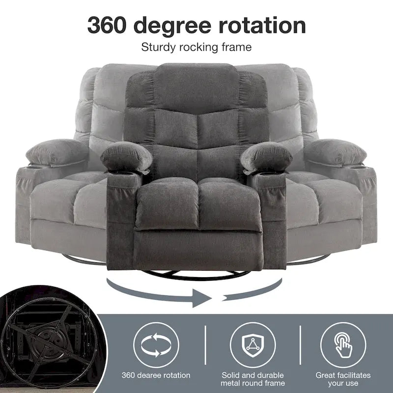 Fauteuil inclinable gris surdimensionné avec fonctions de chauffage et de massage, inclinaison à 150°, bascule à 30°, port USB pour la recharge et 2 porte-gobelets