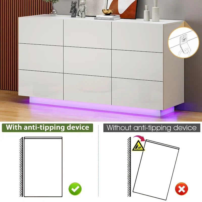 Commode à 9 tiroirs Tour de rangement pour chambre à coucher avec lumière