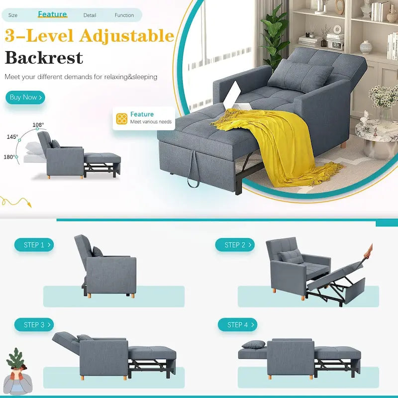 AECOJOY Fauteuil Convertible 3-en-1 avec Oreiller et Dossier Réglable