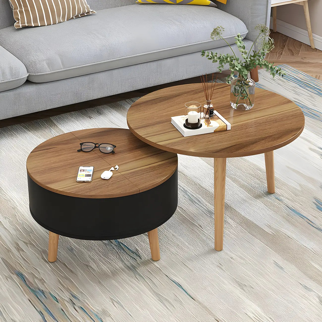 Table basse ronde moderne en bois noir et blanc avec rangement