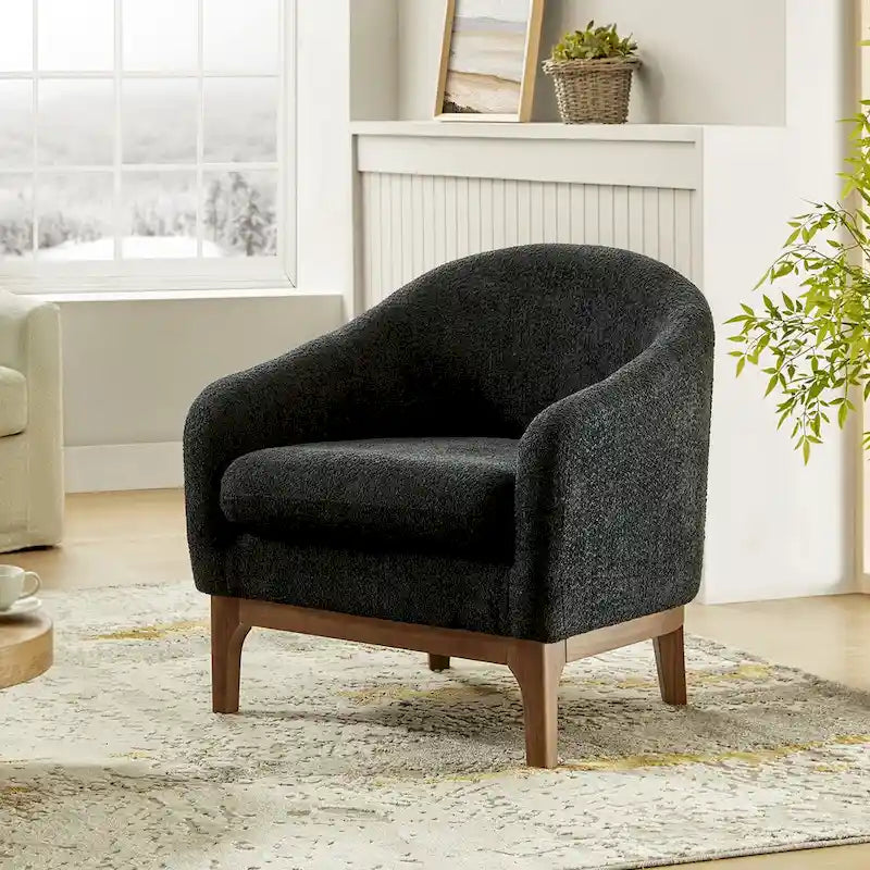 Fauteuil tonneau moderne Augus en bouclette avec pieds en bois massif par HULALA HOME