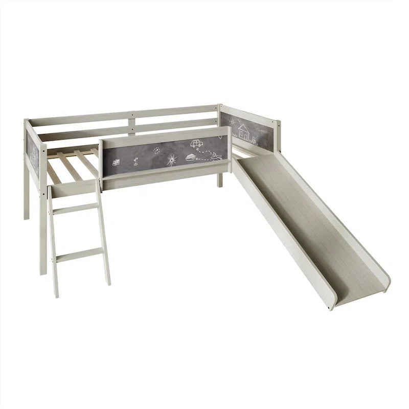Lit mezzanine bas classique double CraftPorch avec tableau noir, toboggan et échelle