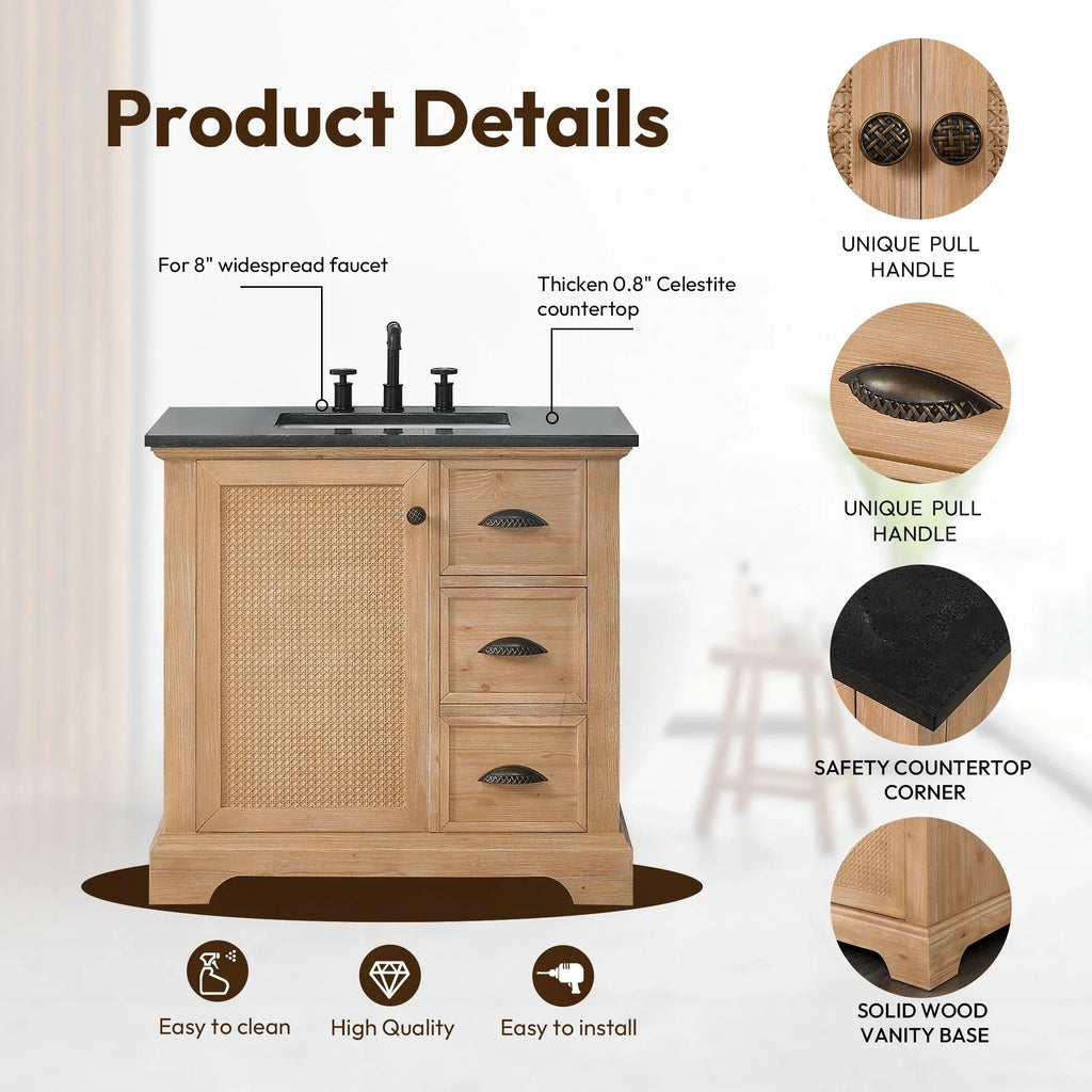 Meuble sous-vasque Hervas avec plateau en marbre naturel, sans miroir