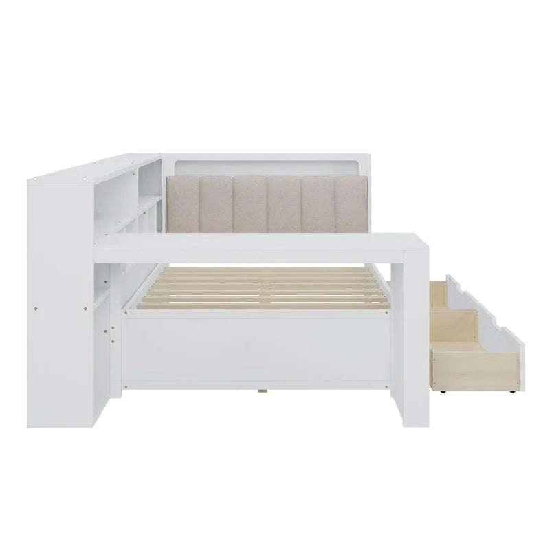 Canapé-lit d'angle en bois en forme de L avec bureau, bibliothèque, lit d'angle avec tiroirs de rangement, tête de lit rembourrée et éclairage intégré