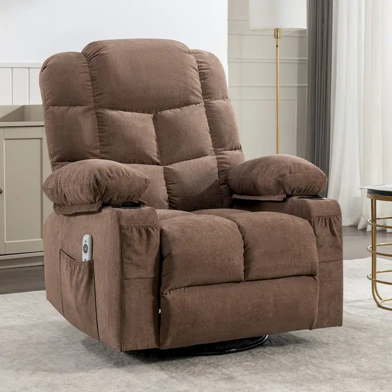 Fauteuil inclinable gris surdimensionné avec fonctions de chauffage et de massage, inclinaison à 150°, bascule à 30°, port USB pour la recharge et 2 porte-gobelets