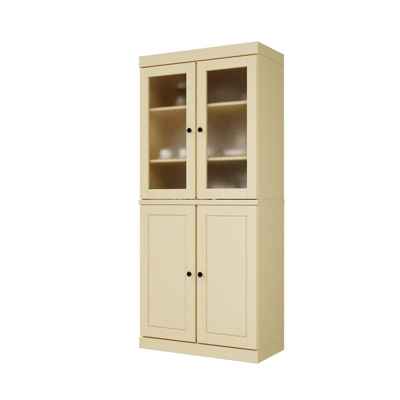 Meuble de rangement en bois massif avec portes en verre dépoli, portes pleines, 2 tiroirs et étagères réglables