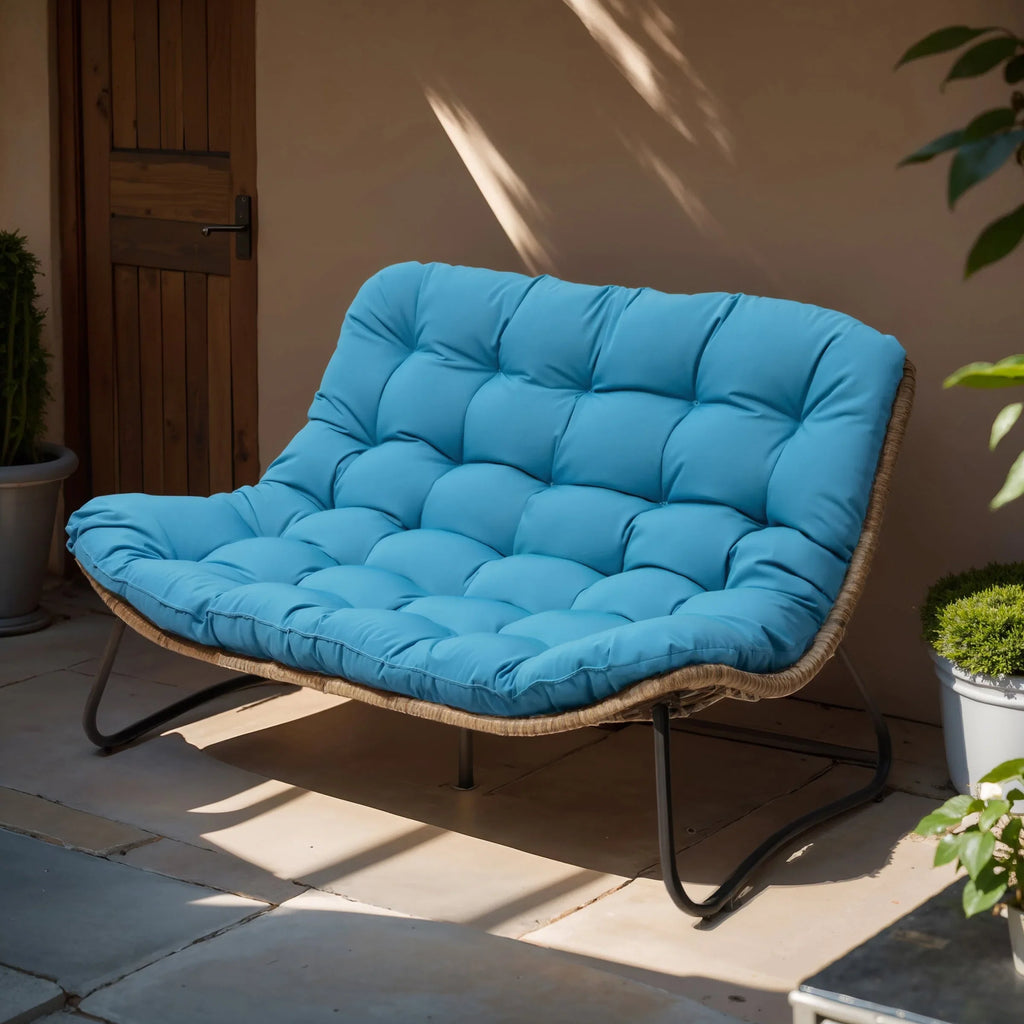 Causeuse double Papasan avec coussin, rotin PE tout temps et cadre en métal pour l'intérieur et l'extérieur