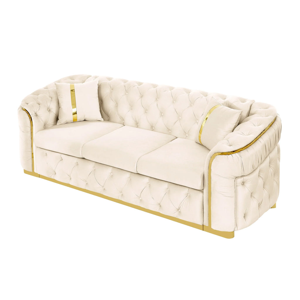 Canapé 3 places Velvet 90,6 po avec 2 oreillers, coussins haute densité, accents dorés et oreillers