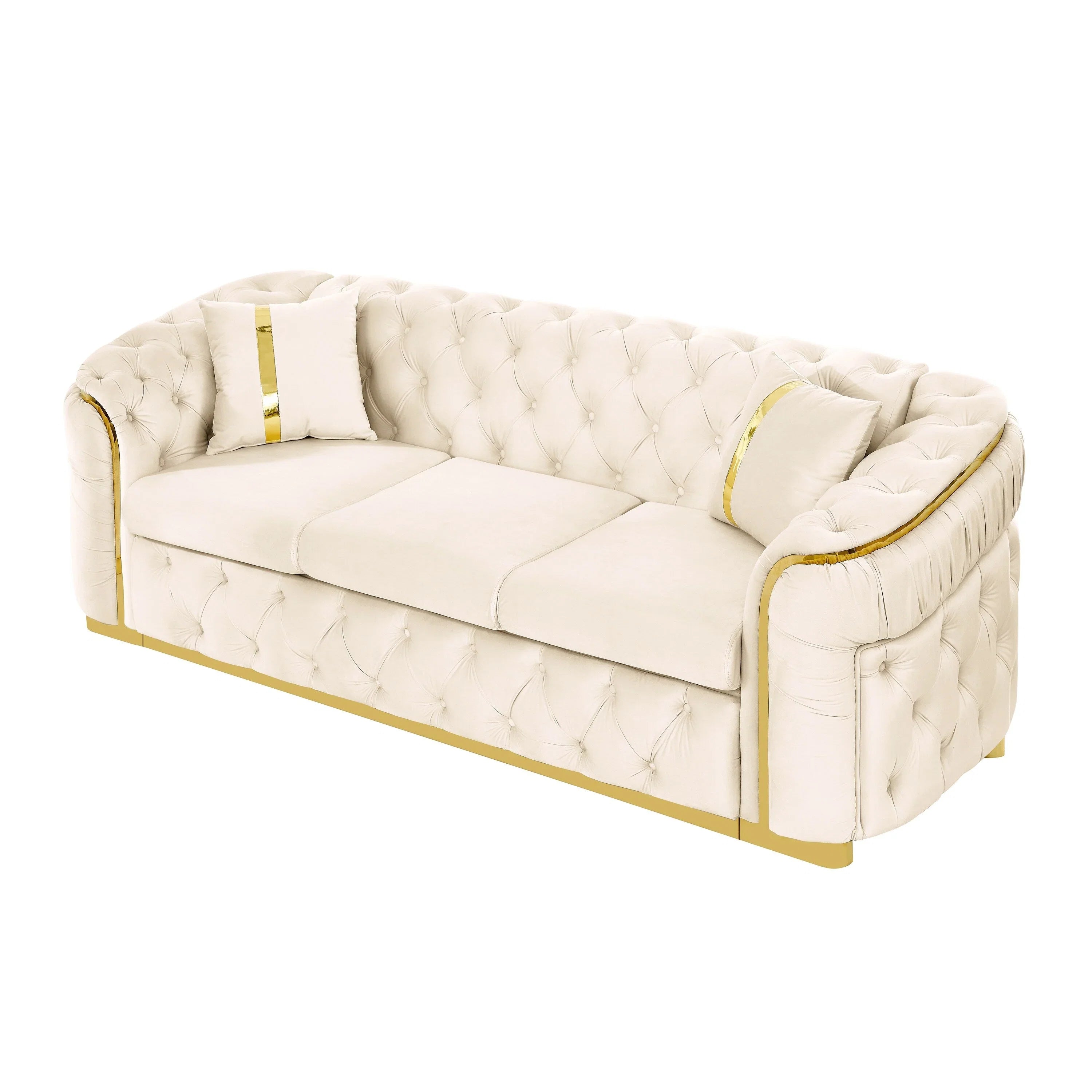 Canapé 3 places Velvet 90,6 po avec 2 oreillers, coussins haute densité, accents dorés et oreillers