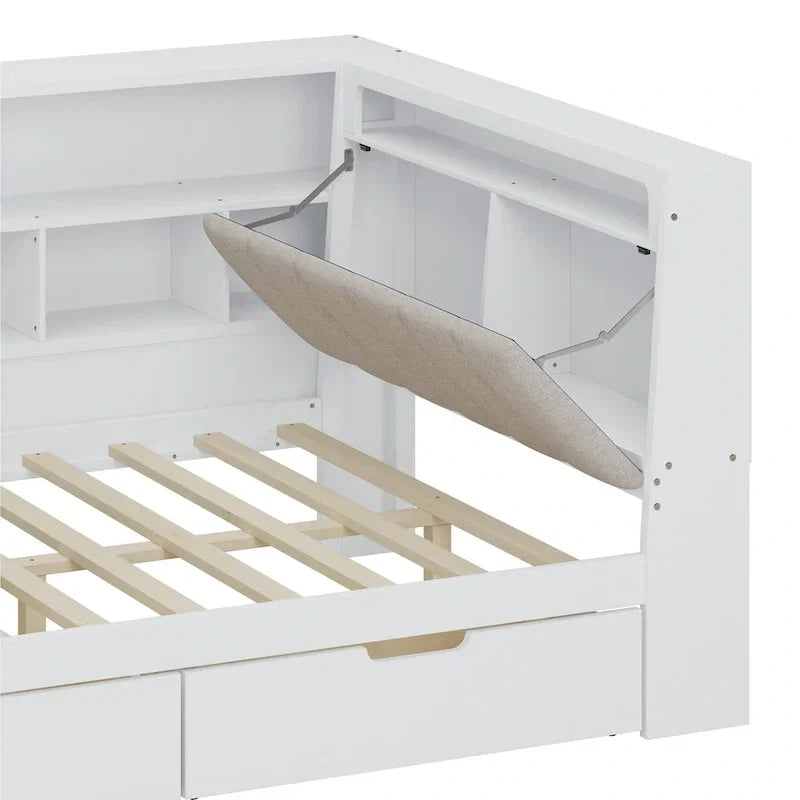 Canapé-lit d'angle en bois en forme de L avec bureau, bibliothèque, lit d'angle avec tiroirs de rangement, tête de lit rembourrée et éclairage intégré