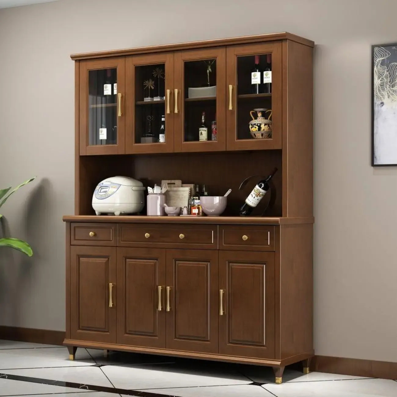 Buffet de cuisine en bois blanc avec casier à vin intégré
