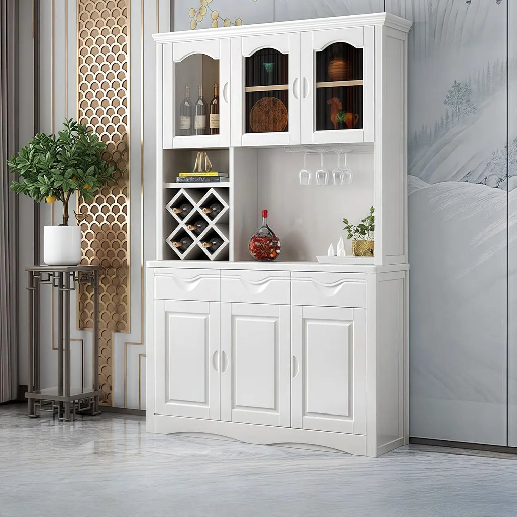 Buffet de cuisine en bois blanc avec casier à vin intégré