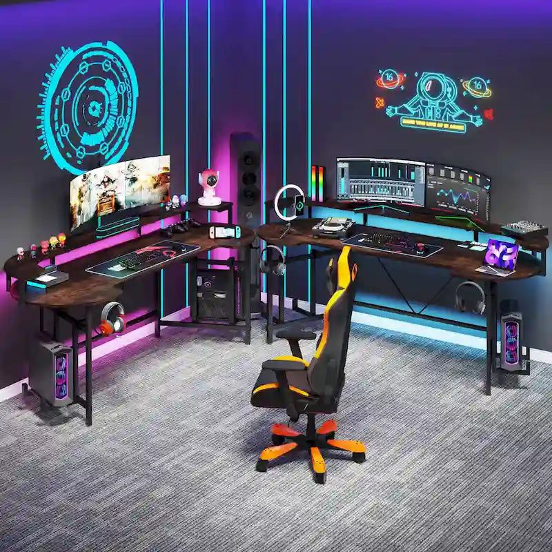 Bureau de gaming avec étagère pour moniteur, bureau d'ordinateur de 75 pouces avec bande LED