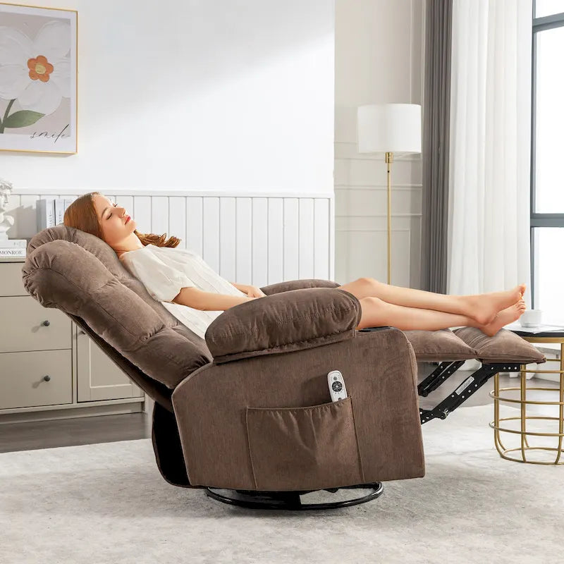 Fauteuil inclinable gris surdimensionné avec fonctions de chauffage et de massage, inclinaison à 150°, bascule à 30°, port USB pour la recharge et 2 porte-gobelets