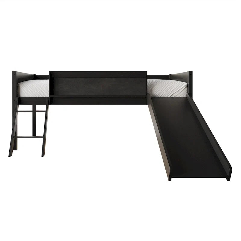 Lit mezzanine bas classique double CraftPorch avec tableau noir, toboggan et échelle