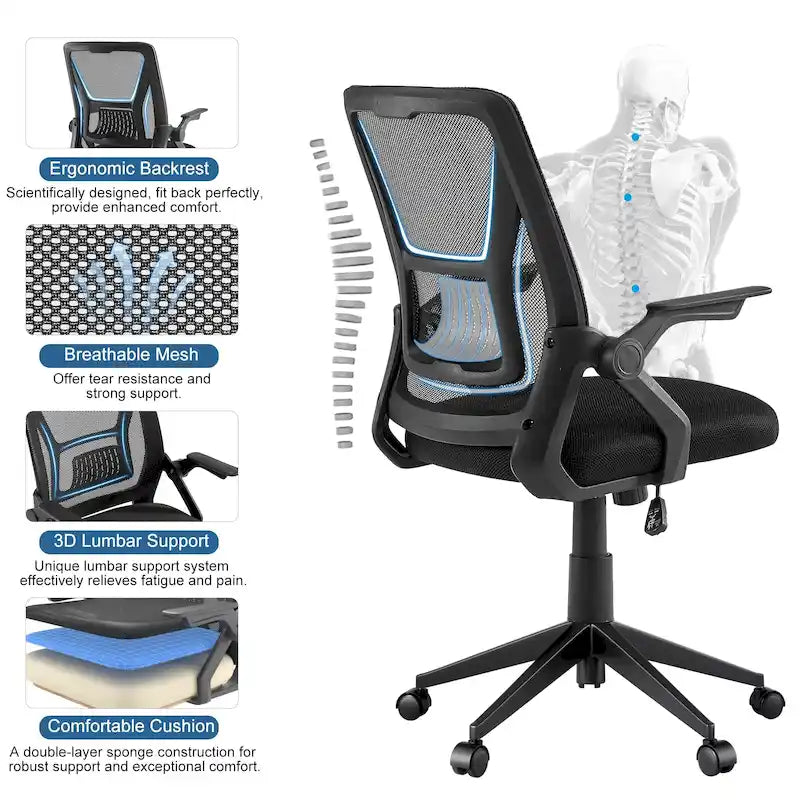 Javlergo Chaise de Bureau Dossier Mi-Hauteur Pivotante avec Support Lombaire, Fauteuil de Bureau Ergonomique en Maille avec Accoudoirs