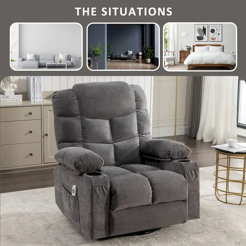 Fauteuil inclinable gris surdimensionné avec fonctions de chauffage et de massage, inclinaison à 150°, bascule à 30°, port USB pour la recharge et 2 porte-gobelets