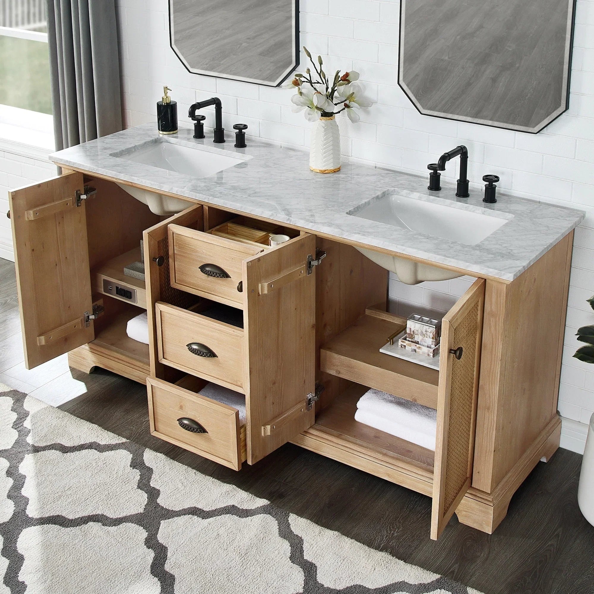 Meuble sous-vasque Hervas avec plateau en marbre naturel, sans miroir
