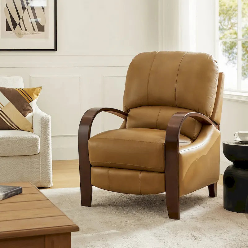Fauteuil inclinable manuel Alex Mid-century Modern Cigar en cuir véritable avec accoudoirs incurvés en bois