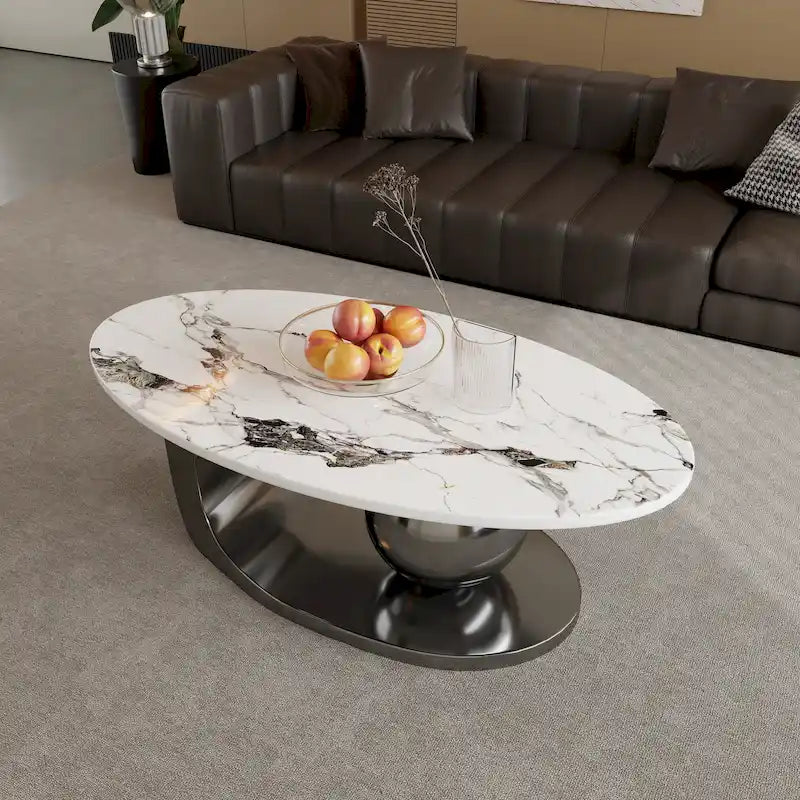 Table basse ovale moderne Pandora 51 avec plateau en pierre frittée brillante, table basse de luxe, pieds en acier inoxydable pour salon