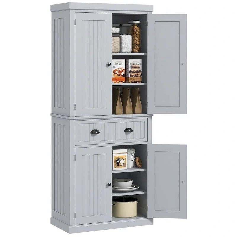 Meuble de rangement de cuisine autoportant traditionnel de 72 pouces avec 4 portes et 3 étagères réglables, grand tiroir central
