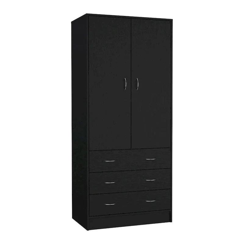 19 Armoire moderne à deux portes avec 3 tiroirs et 1 tringle de penderie pour chambre à coucher