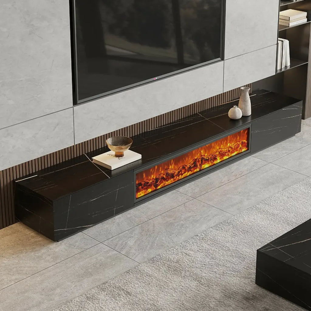 Meuble TV en pierre avec cheminée électrique noire et lumière, 87 cm de large