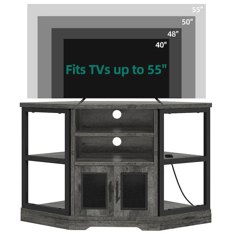Meuble TV d'angle de ferme, meuble multimédia avec prise de courant pour téléviseurs jusqu'à 55 pouces