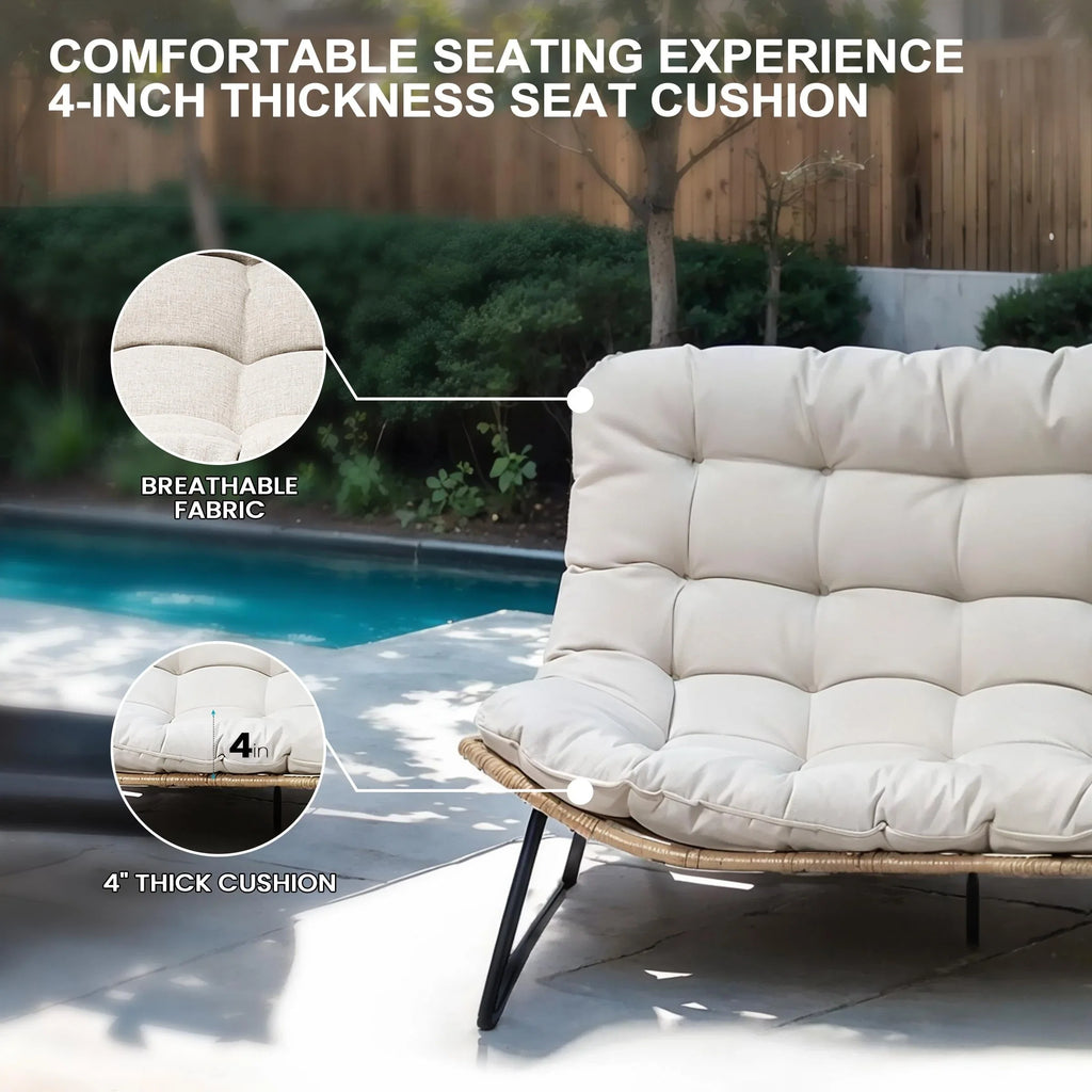 Causeuse double Papasan avec coussin, rotin PE tout temps et cadre en métal pour l'intérieur et l'extérieur