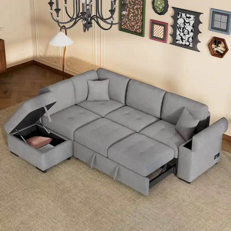 Canapé d'angle convertible 5 places en L 84,75 po avec pouf de rangement, rangement de bras dissimulé et chargement USB pour salon