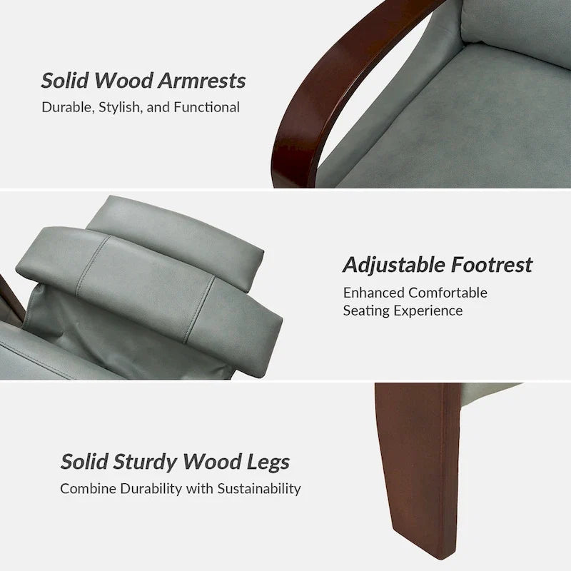 Fauteuil inclinable manuel Alex Mid-century Modern Cigar en cuir véritable avec accoudoirs incurvés en bois