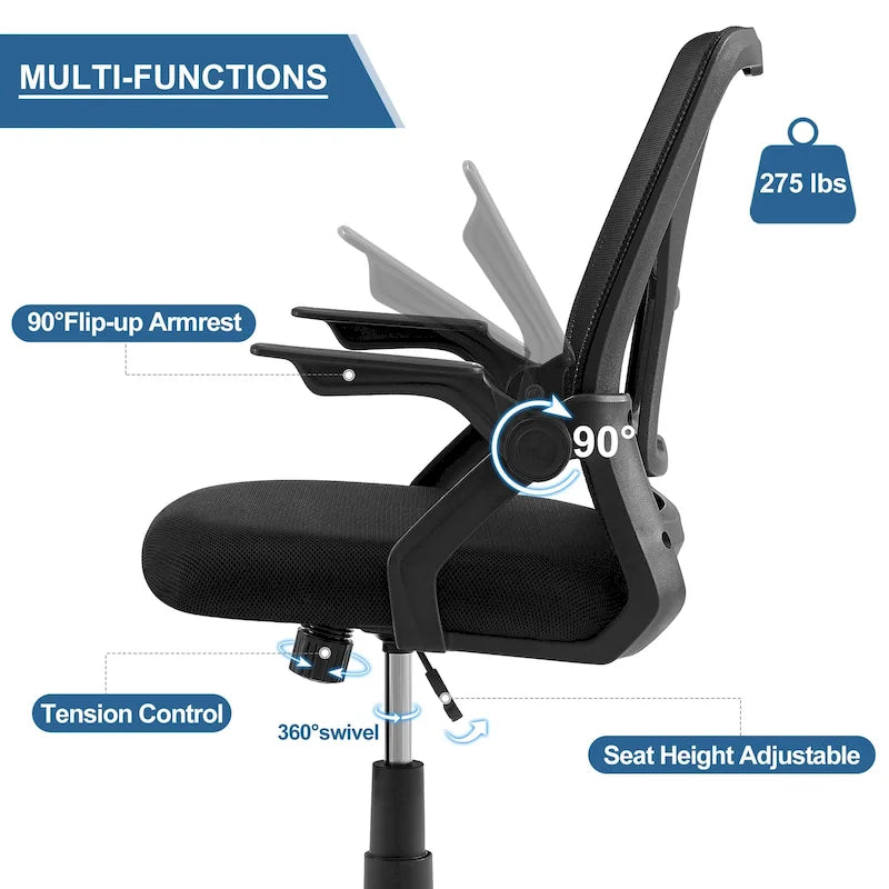 Javlergo Chaise de Bureau Dossier Mi-Hauteur Pivotante avec Support Lombaire, Fauteuil de Bureau Ergonomique en Maille avec Accoudoirs