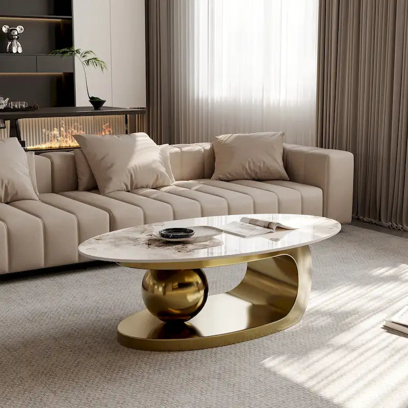 Table basse ovale moderne Pandora 51 avec plateau en pierre frittée brillante, table basse de luxe, pieds en acier inoxydable pour salon