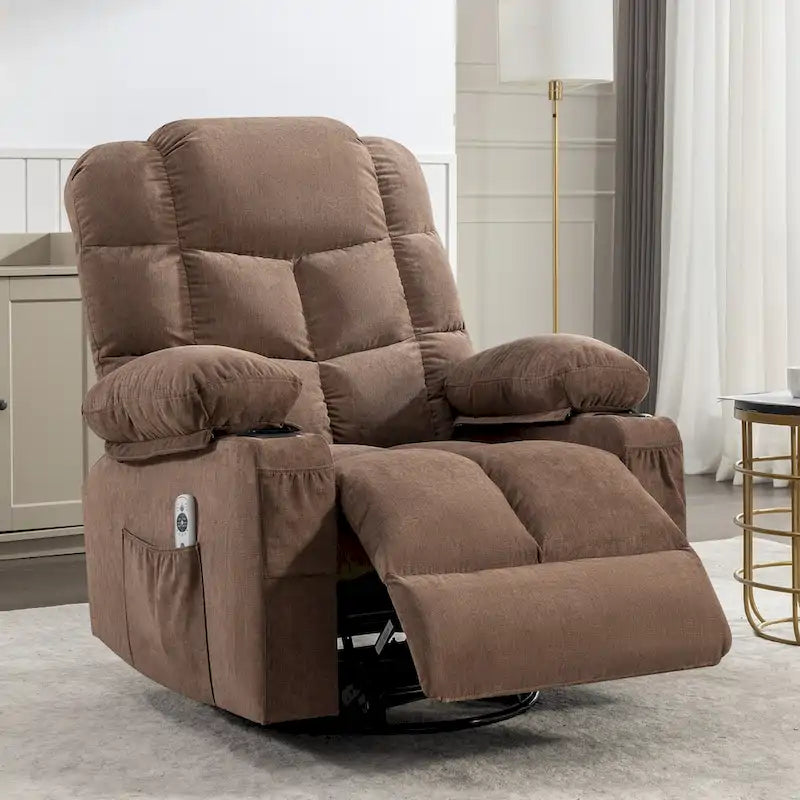 Fauteuil inclinable gris surdimensionné avec fonctions de chauffage et de massage, inclinaison à 150°, bascule à 30°, port USB pour la recharge et 2 porte-gobelets