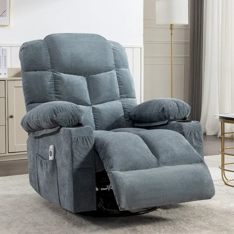 Fauteuil inclinable gris surdimensionné avec fonctions de chauffage et de massage, inclinaison à 150°, bascule à 30°, port USB pour la recharge et 2 porte-gobelets