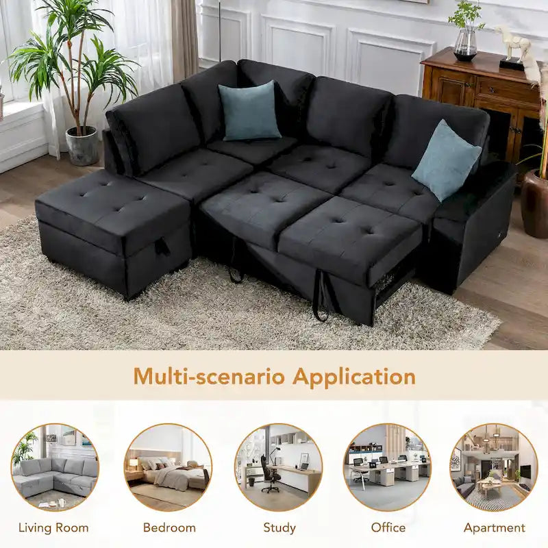 Canapé d'angle convertible 5 places en L 84,75 po avec pouf de rangement, rangement de bras dissimulé et chargement USB pour salon