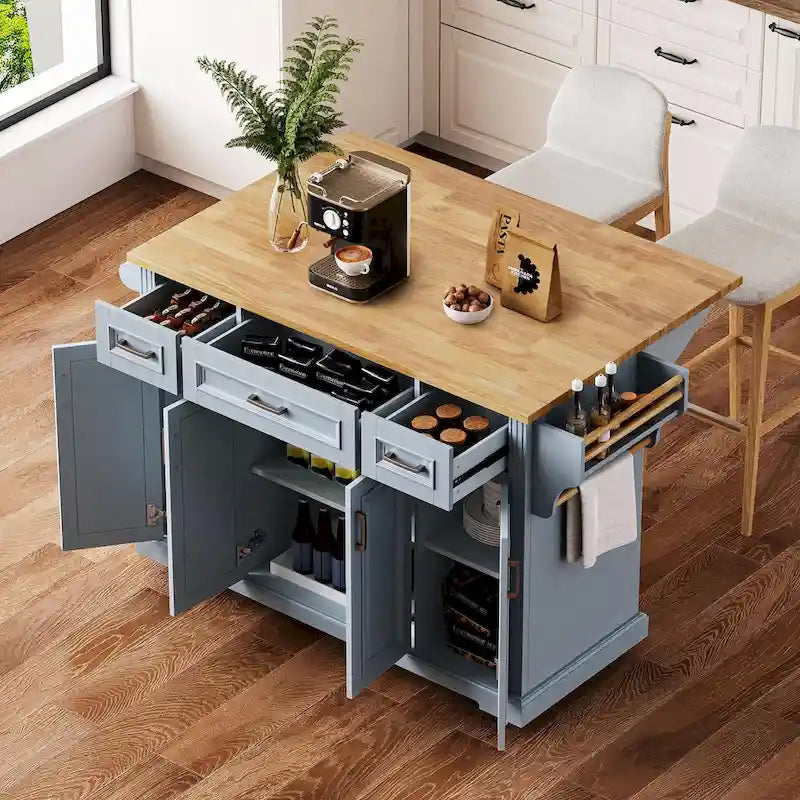 54 Grand îlot de cuisine avec plateau rabattable en bois d'hévéa, chariot de cuisine roulant à texture gaufrée sur 4 roues avec 4 portes et 3 tiroirs