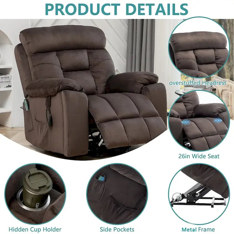 Grand fauteuil inclinable de massage électrique avec fonction de levage, chauffage et porte-gobelet dissimulé